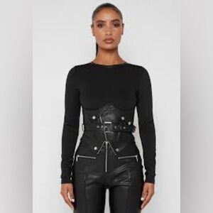 Maniere De Voir NEVER WORN Bodysuit With Croc Vegan Leather Corset